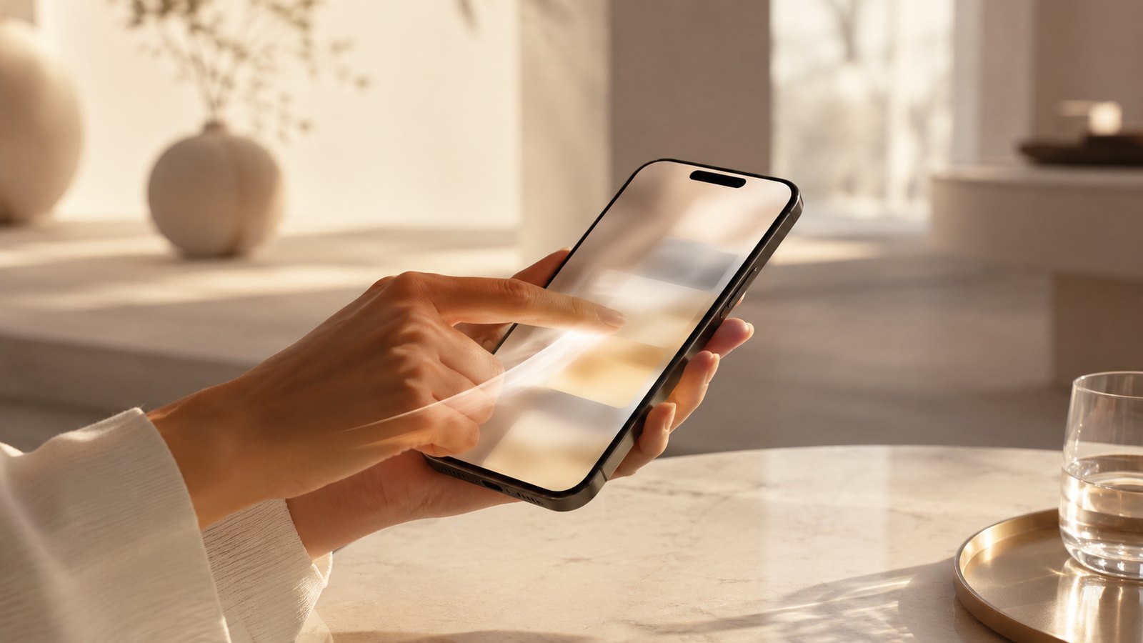 A hand swiping a phone with a soft motion trail in a bright, minimal setting