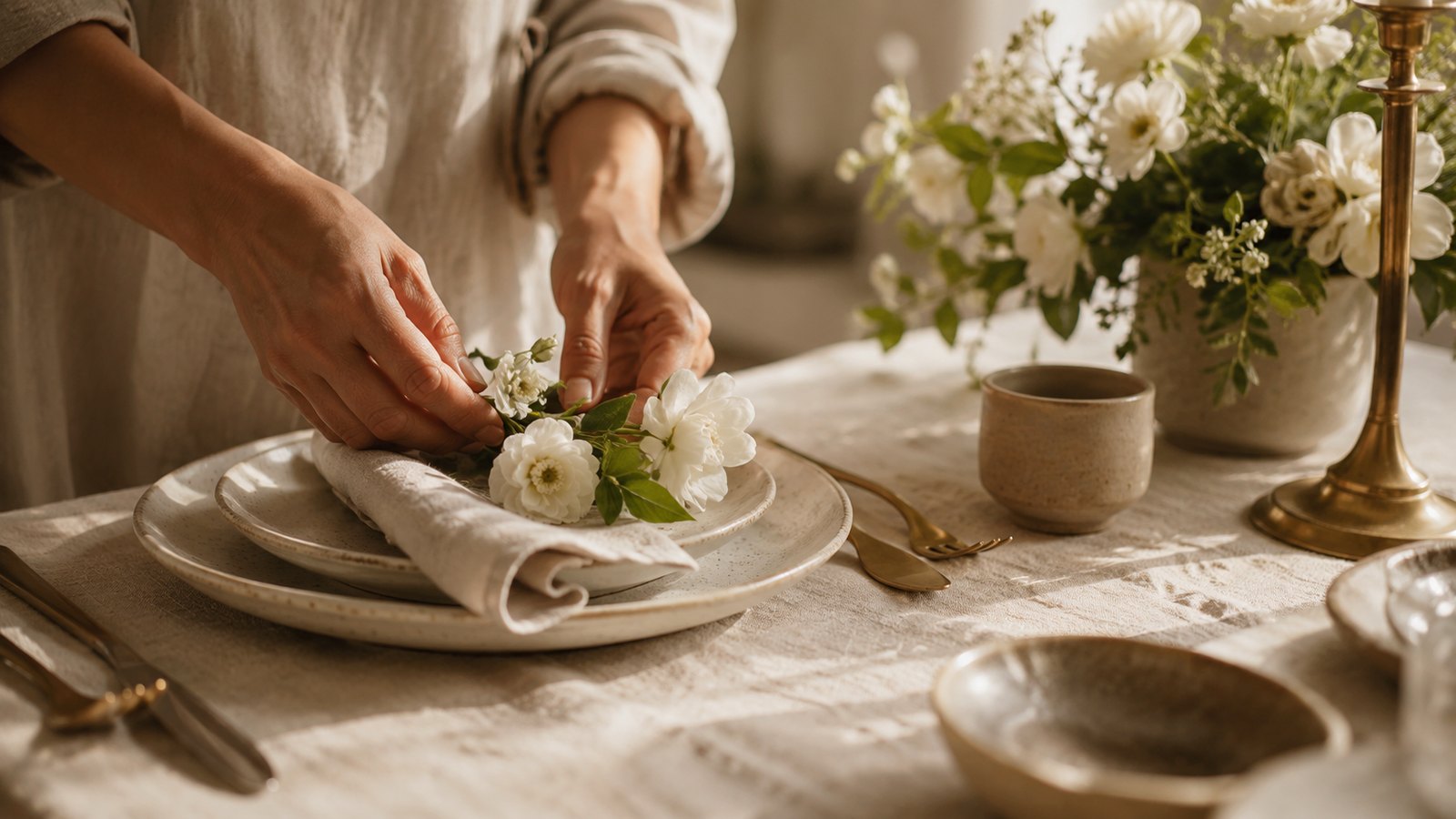 Hands arranging fresh white flowers on a linen-set table in soft morning light