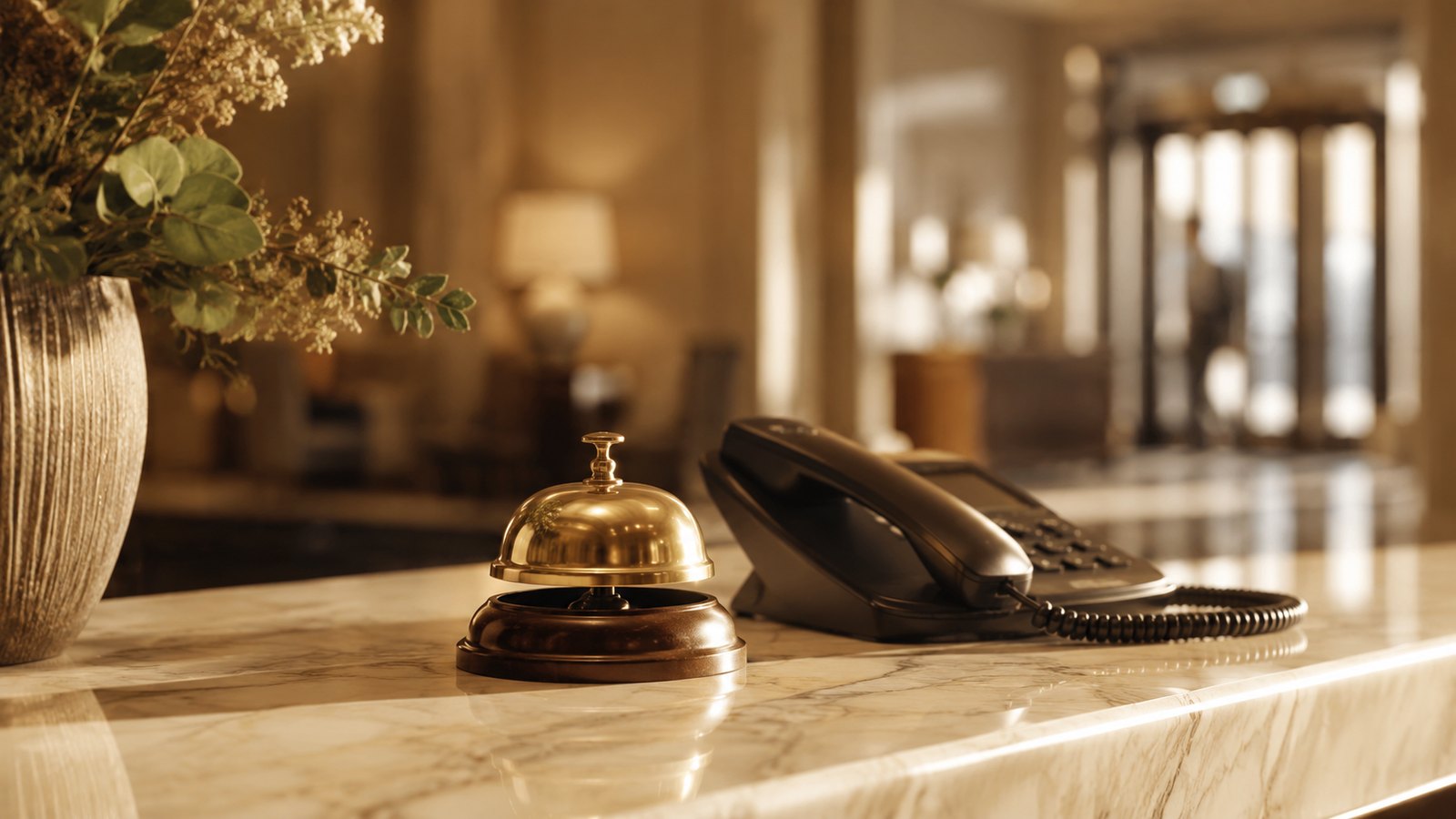 A concierge desk bell beside a phone on warm marble, soft lobby light