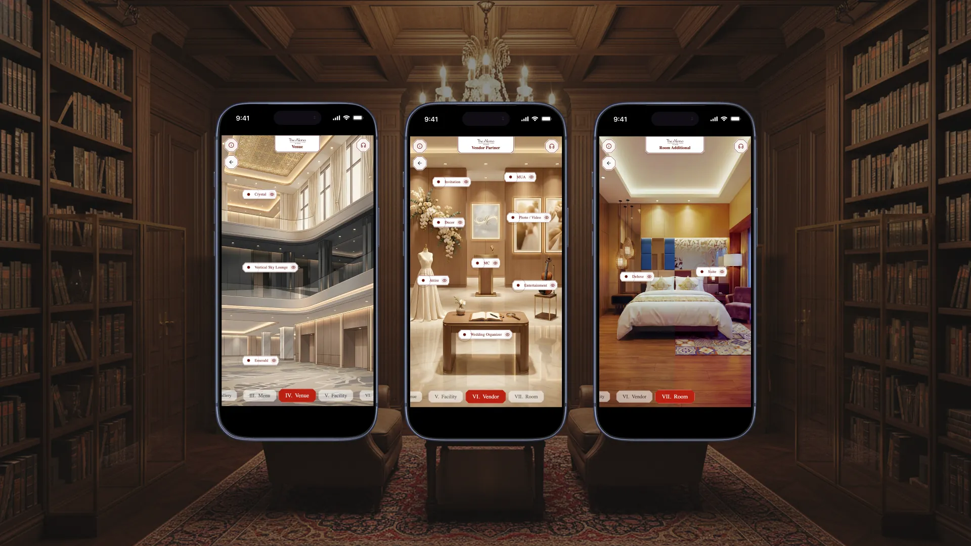 Lobby, boutique, bedroom — each space clickable, each object ready to book or order.