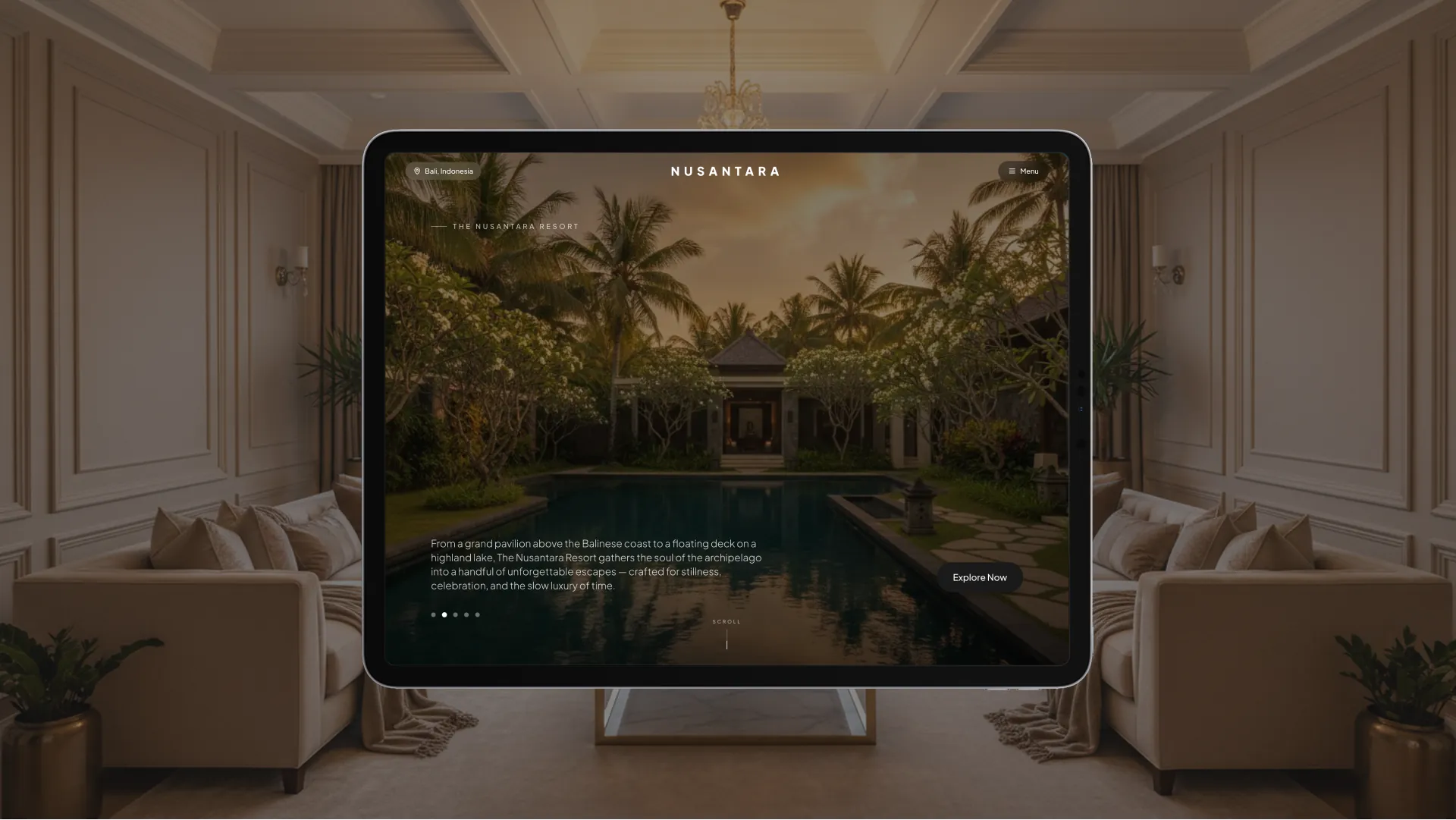 Full-bleed and cinematic. The resort introduces itself before a word is read.