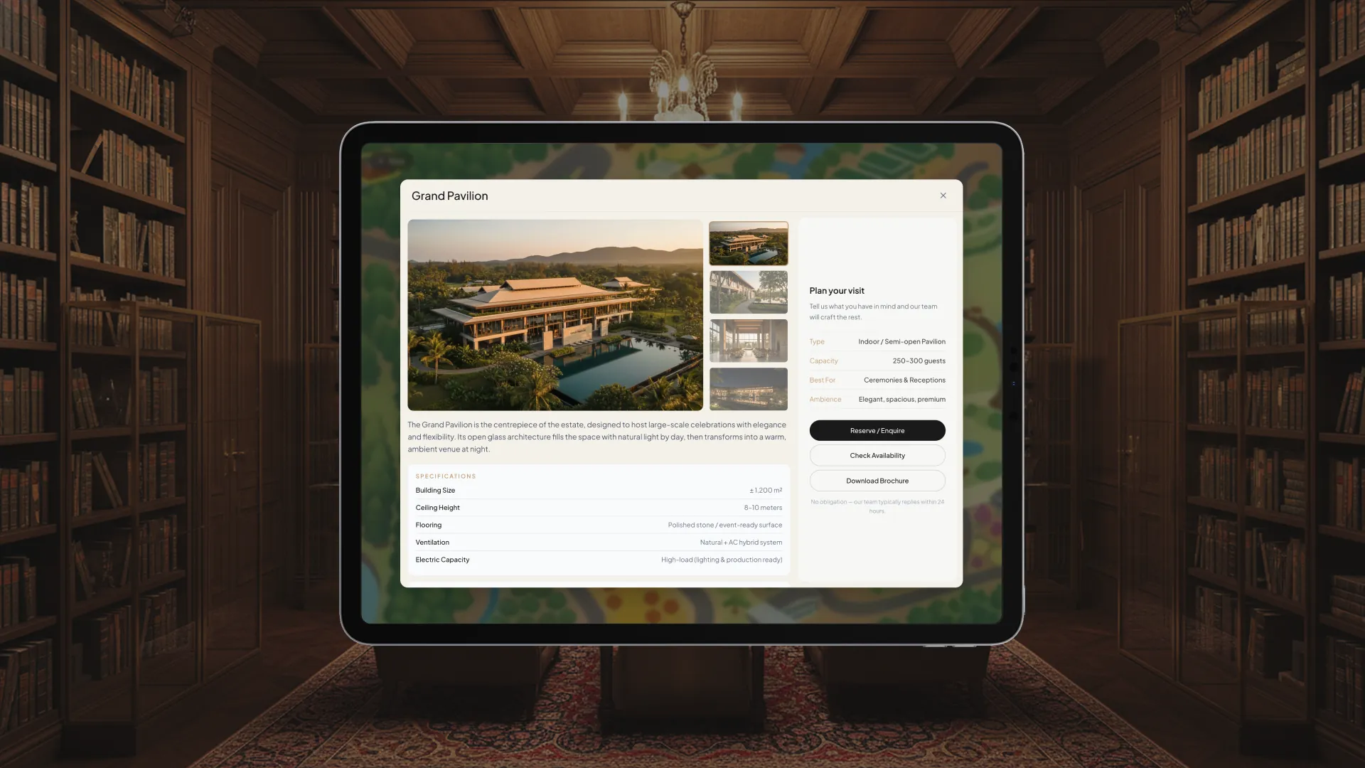 Tap the Grand Pavilion — capacity, rate, and a reserve button, right there.